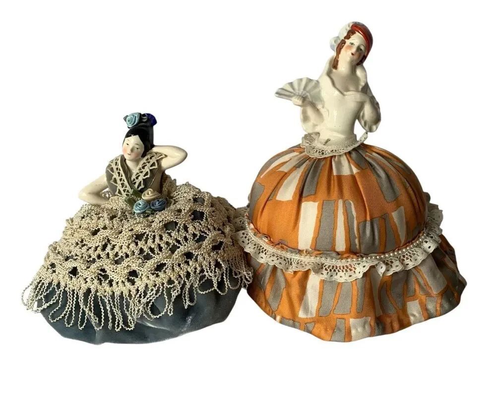 2 Vintage German Porcelain Pin Cushion Half Doll SET COTTAGE FOLK CORE